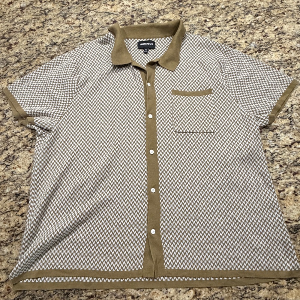 Bonobos Mens XXL Short Sleeve Knit Button Down Shirt Tan White Geometric ws